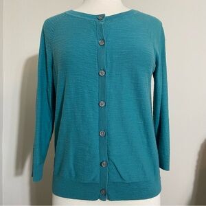 LOFT Teal Green Cotton Button Up Fitted Textured Cardigan M Medium